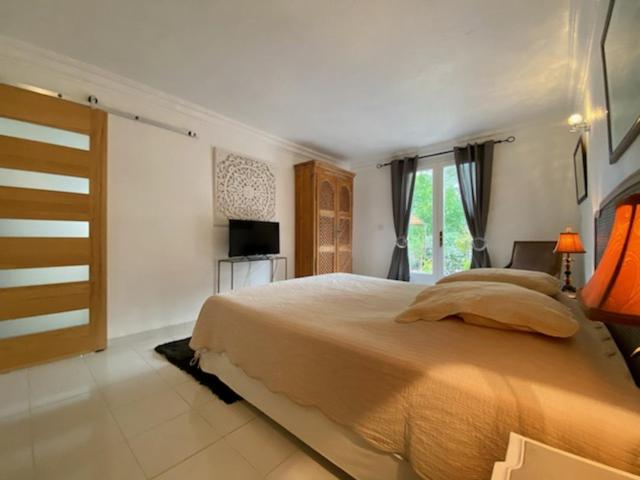 sypialnia z dużym łóżkiem i oknem w obiekcie Le mas des pins w mieście Peymeinade