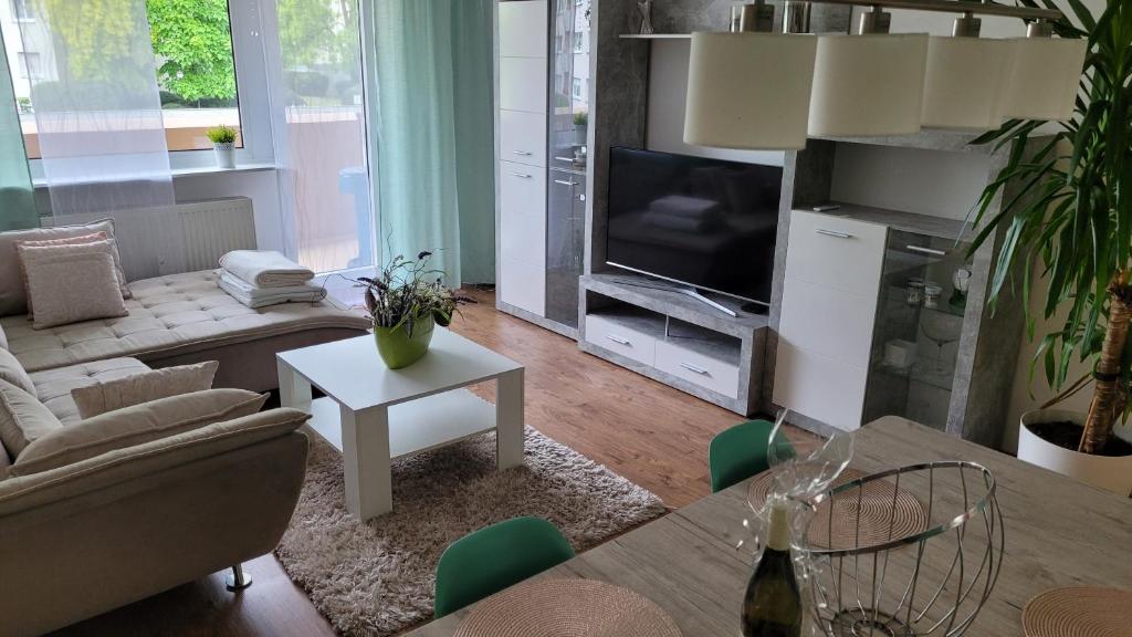 uma sala de estar com um sofá e uma televisão em Ferienwohnung in Mainz em Mainz
