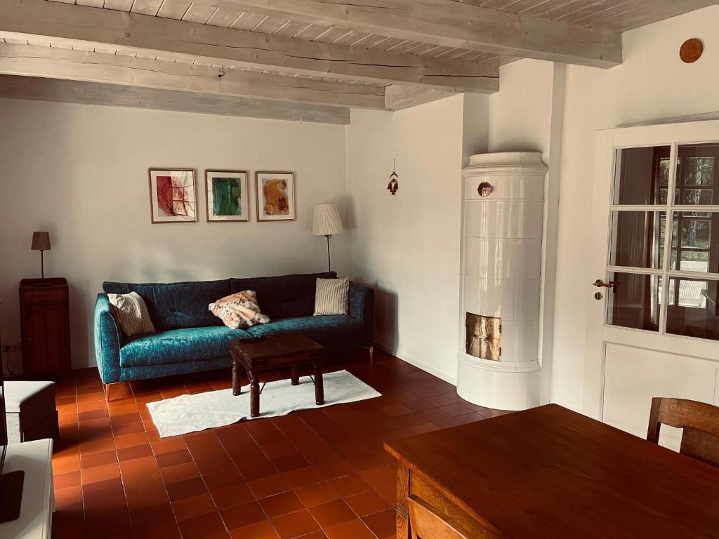 ein Wohnzimmer mit einem blauen Sofa und einem Tisch in der Unterkunft Vesta Waldhaus Bardowicker Heide in Bardowick