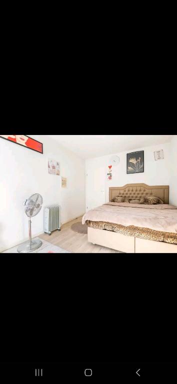 - une chambre avec un lit et un bureau avec un ventilateur dans l'établissement Roland, à Bordeaux