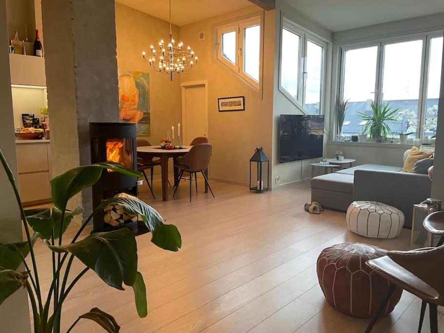 ein Wohnzimmer mit einem Sofa und einem Kamin in der Unterkunft Exclusive, cosy, elegant Frogner apartment in the center of Oslo in Oslo