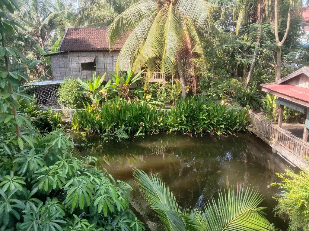 a pond in front of a house in a jungle at O'hamok family in Battambang