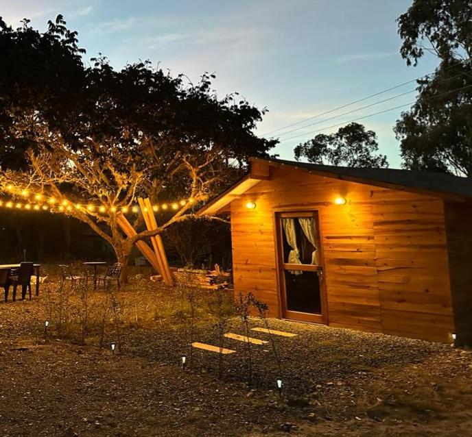 a small cabin with lights in front of it at Cabaña 1 santo cielo in Villa de Leyva