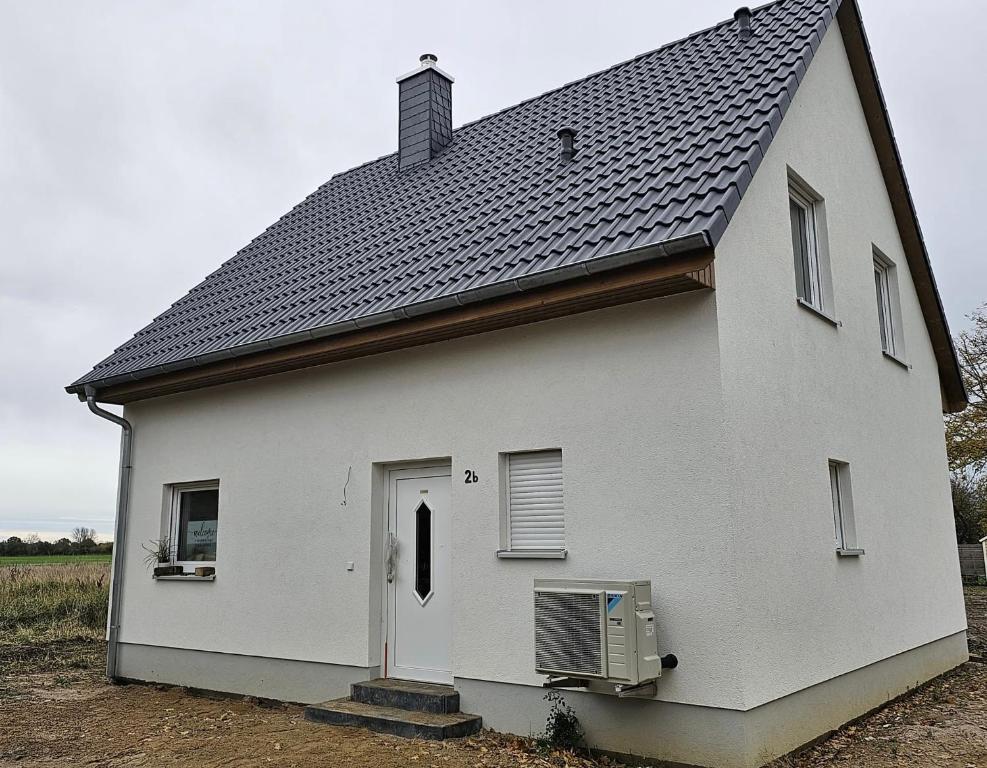 a white house with a black roof at Erholung pur für die ganze Familie in Ribnitz-Damgarten