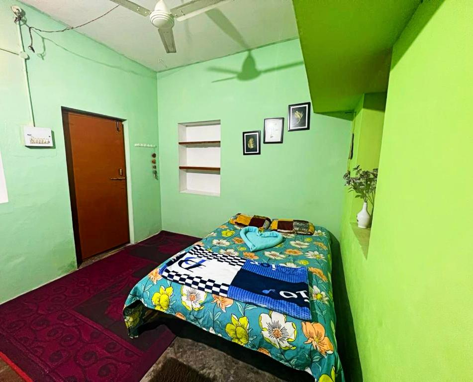 1 dormitorio con 1 cama en una habitación verde en Mani's place, en Hampi