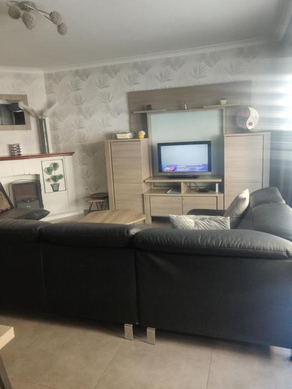 ein Wohnzimmer mit einem schwarzen Sofa und einem TV in der Unterkunft Residentie Casino Kursaal in Ostende