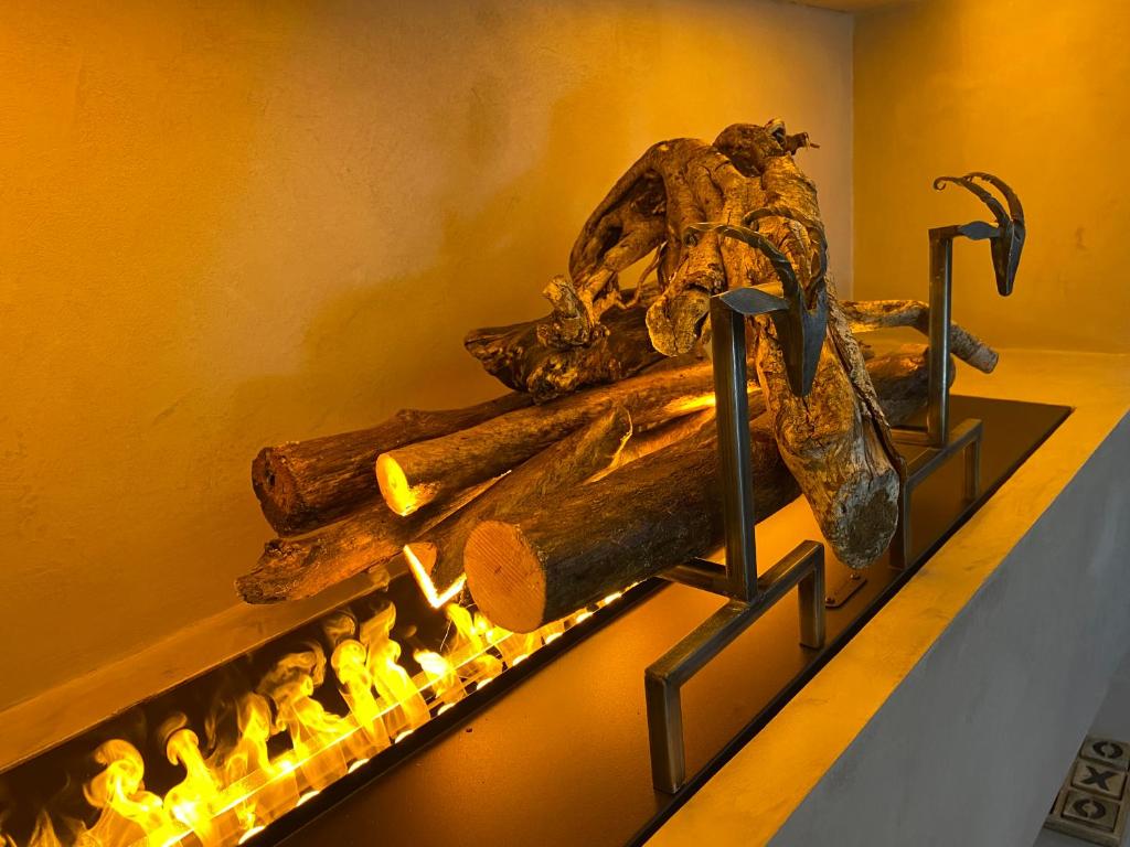 a museum exhibit with a skull and logs on a fireplace at Les Trois Chaufatons - Chalets Boutiques in Montriond
