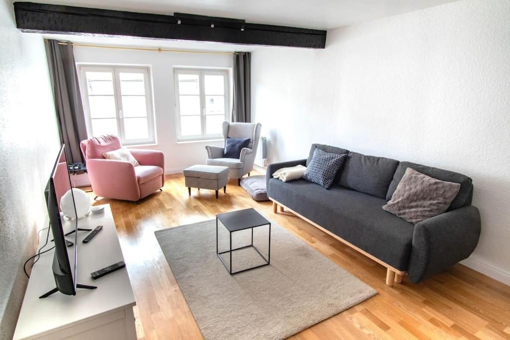 un salon avec un canapé et deux chaises dans l'établissement Le Gutenberg - Joli T2 dans le Carré d'Or, à Strasbourg