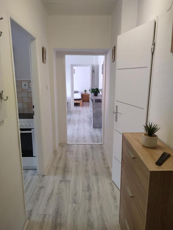 um quarto com um corredor e uma cozinha com pisos em madeira em Apartmán U Kláštera em Broumov