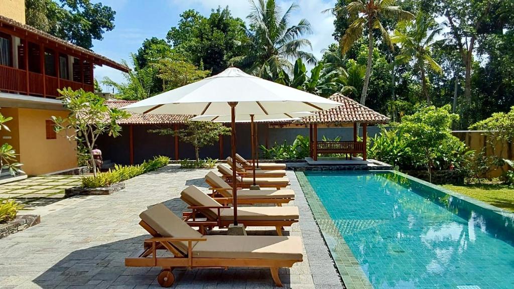 een rij ligstoelen en een parasol naast een zwembad bij Maison Samara in Hikkaduwa