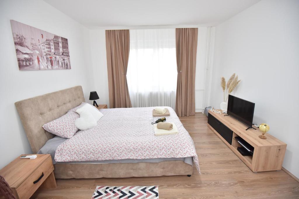 a bedroom with a bed and a television in it at Apartman 1 in Kragujevac
