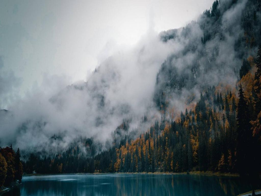 a mountain with a blue lake in front of a forest at Les Trois Chaufatons - Chalets Boutiques in Montriond
