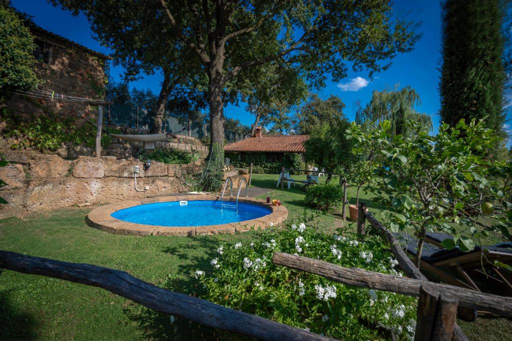 Casale Delle Papere With Private Pool Near Rome في Nepi: حديقة بها مسبح صغير في الفناء