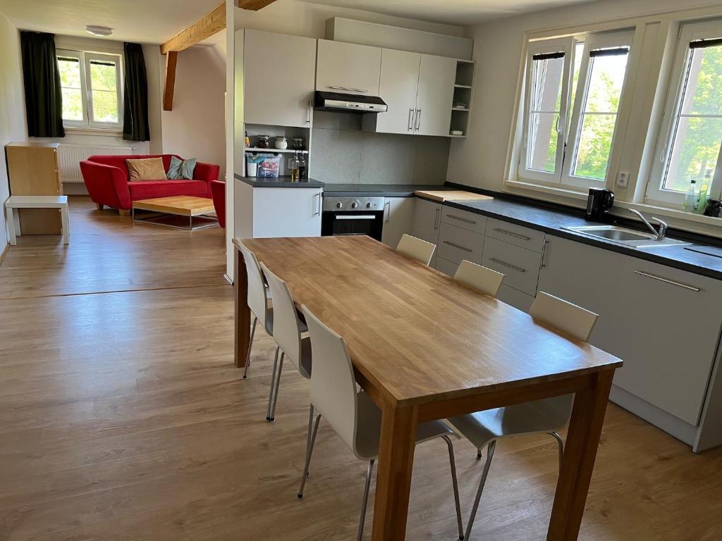 una cucina e una sala da pranzo con tavolo e sedie in legno di Jelen a HoÅ¡Å¥ka