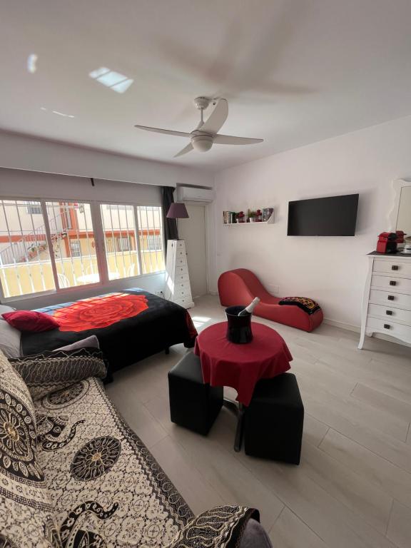 una sala de estar con una cama y un sofá en Estudio ROMÁNTICO La Carihuela, en Torremolinos