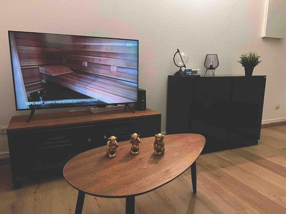 un salon avec une table basse et une télévision à écran plat dans l'établissement Au P’tit Écureuil - Studio hypercentre Rouen, à Rouen