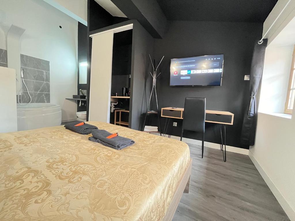 a bedroom with a bed and a tv on a wall at Charmant Studio Baignoire in Narbonne