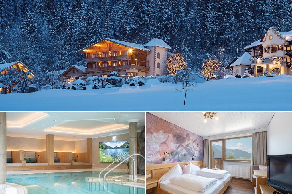 un collage de deux photos d'une maison sous la neige dans l'établissement Landhaus Ager, à Söll