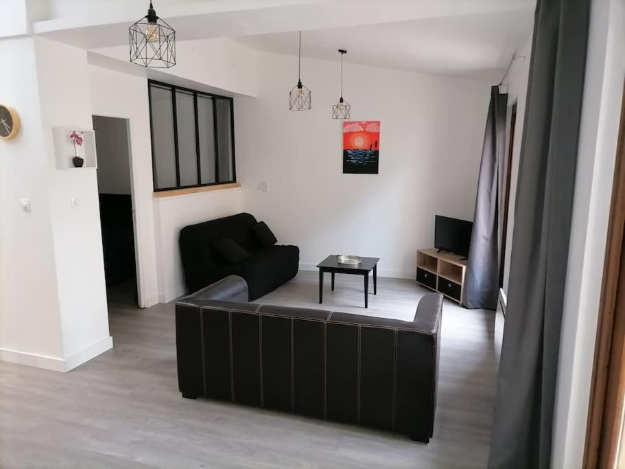 een woonkamer met een zwarte bank en een tafel bij SCI la malinoise in Albon