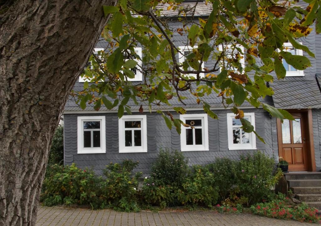 uma casa cinzenta com janelas brancas e uma árvore em Ferienhaus Beller Gehaichnis em Bell