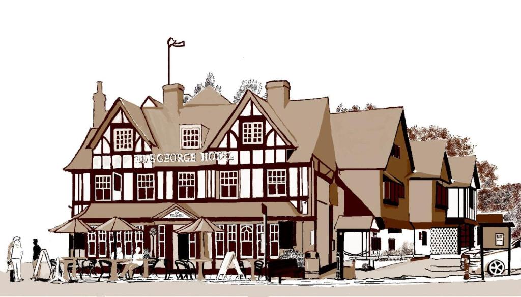 un dibujo de una casa grande con gente de pie fuera en The George Hotel Pangbourne en Pangbourne