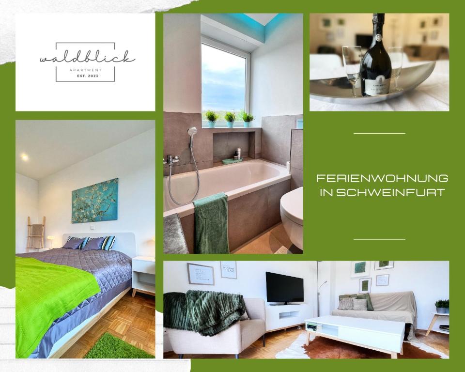 a collage of pictures of a bedroom and a bathroom at 4-Sterne Ferienwohnung Waldblick Schweinfurt in Schweinfurt