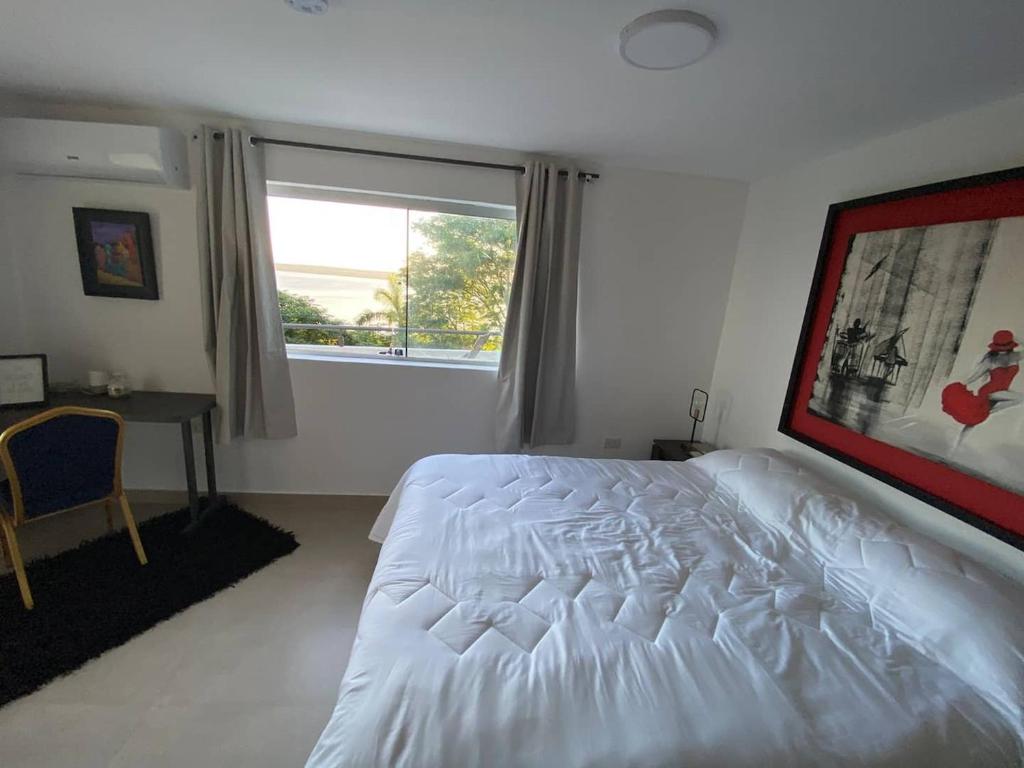 聖貝納迪諾的住宿－Hab. Penthouse y Terraza Privada Tango，卧室配有白色的床和窗户。