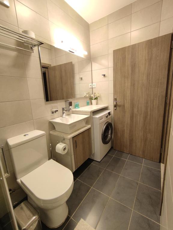a bathroom with a toilet and a sink and a washing machine at Sea View Apartments Nikos in Nea Peramos
