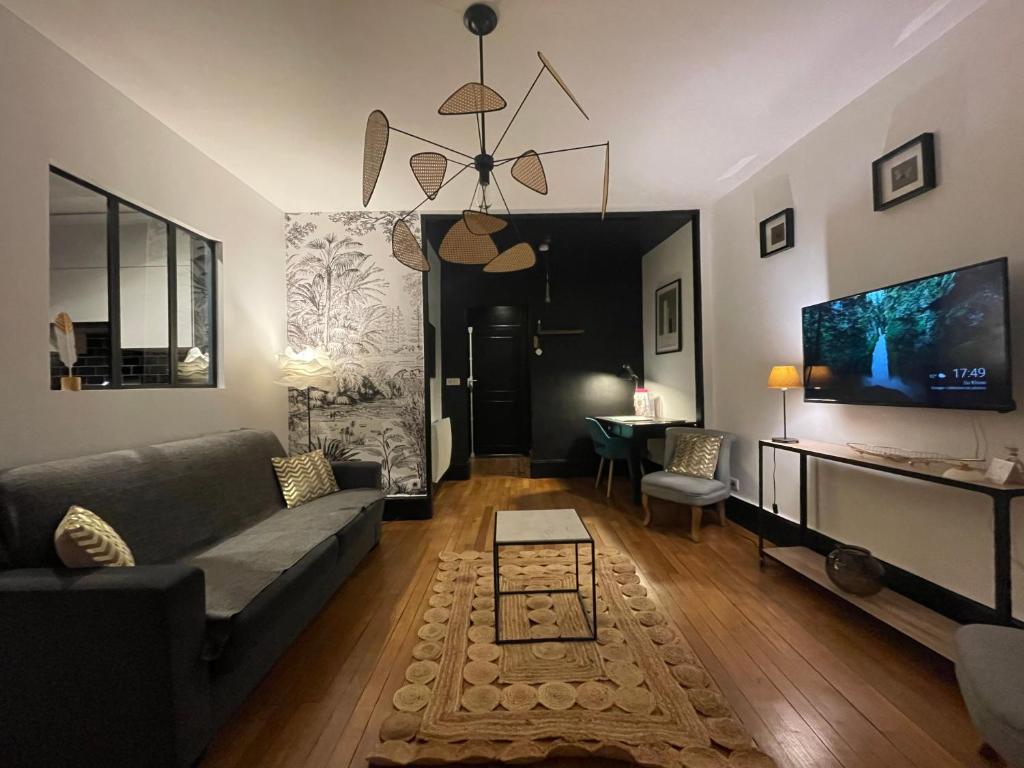 a living room with a couch and a tv at Le Relais des Cordeliers in Nancy