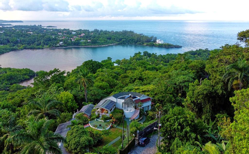 una vista aérea de una casa en una colina cerca del océano en The Fan Villa en Port Antonio