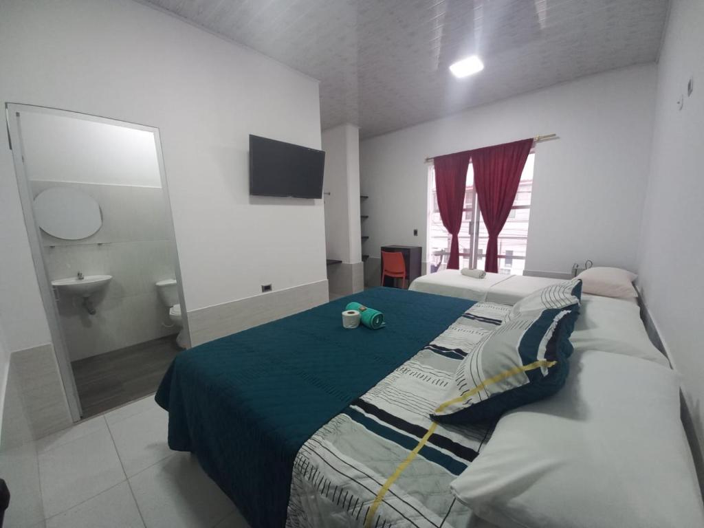 1 dormitorio con 1 cama y baño con lavamanos en Hotel Oiti, 