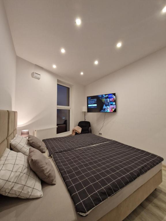 a bedroom with a large bed and a flat screen tv at Szklane Tarasy Premium Two Bedrooms FAKTURA FAST CHECK-IN in Rzeszów