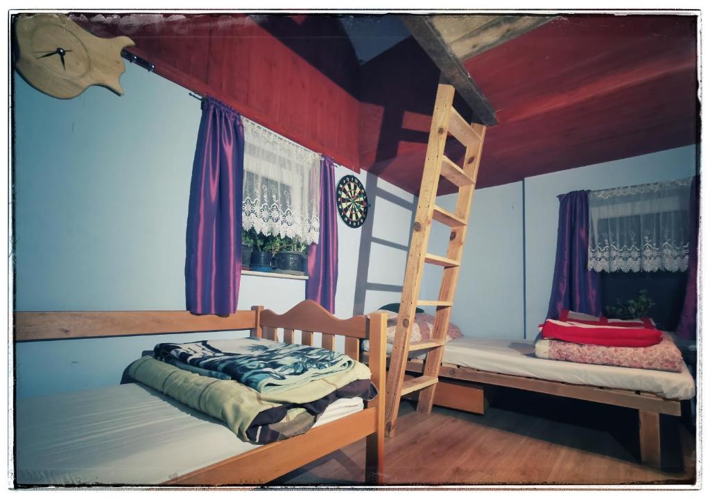 een slaapkamer met een stapelbed en een ladder bij Cinderella Guitars 