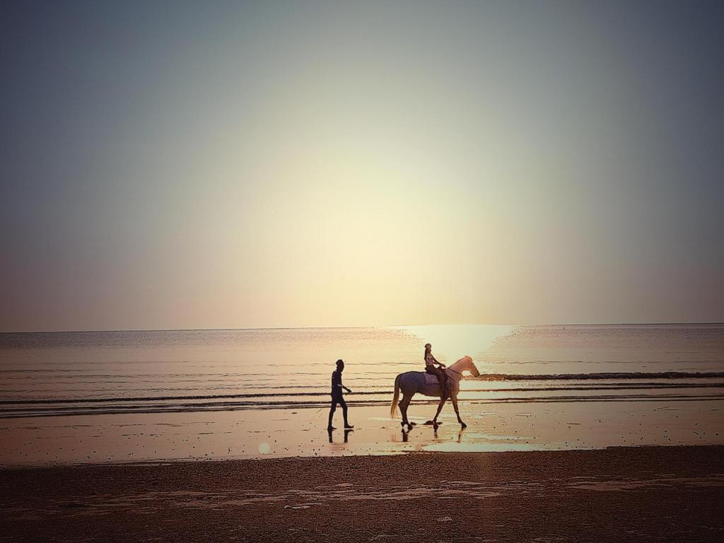 two people riding a horse on the beach at The Casa Blanca Room condo in Hua Hin
