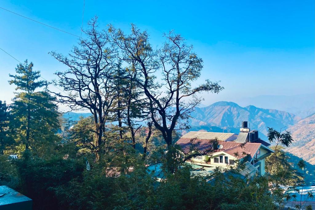 a house with a tree and mountains in the background at The Boho near mall road in Shimla
