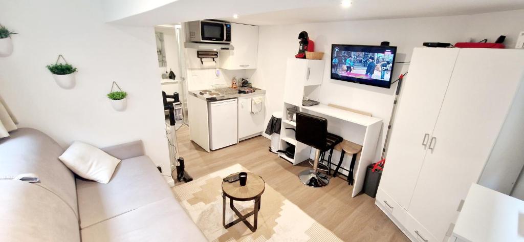 una pequeña sala de estar blanca con sofá y TV en Studio terrasse en Le Cendre