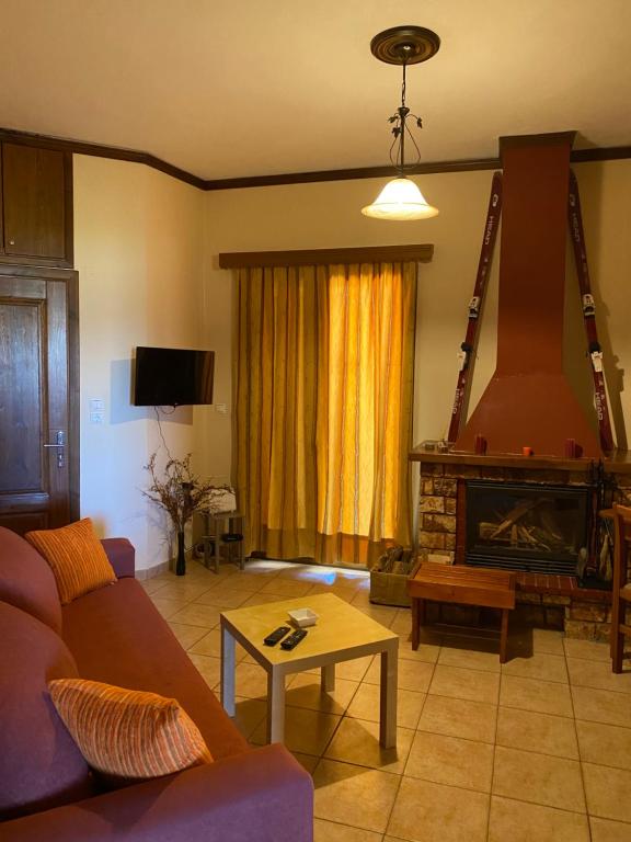 阿拉霍瓦的住宿－Livadi rooms 2，带沙发和壁炉的客厅