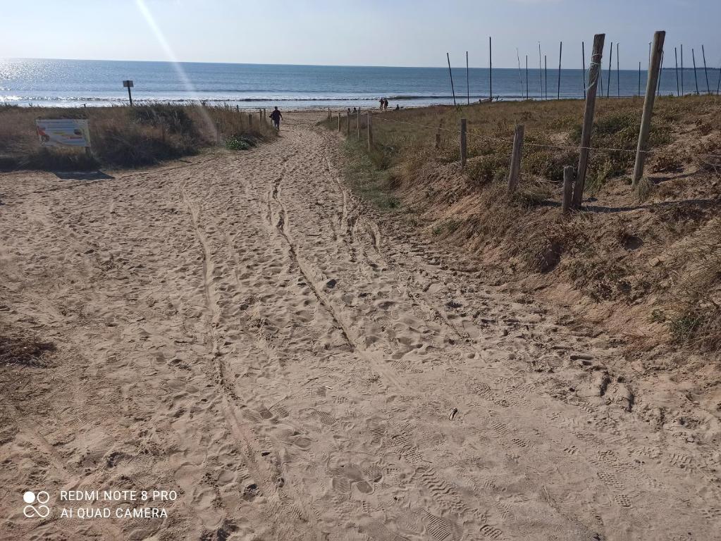 a dirt road leading down to the beach at Chez isa in Barbâtre