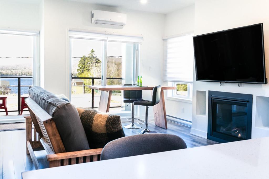 a living room with a television and a fireplace at ST-DO du LAC in Saint-Donat-de-Montcalm