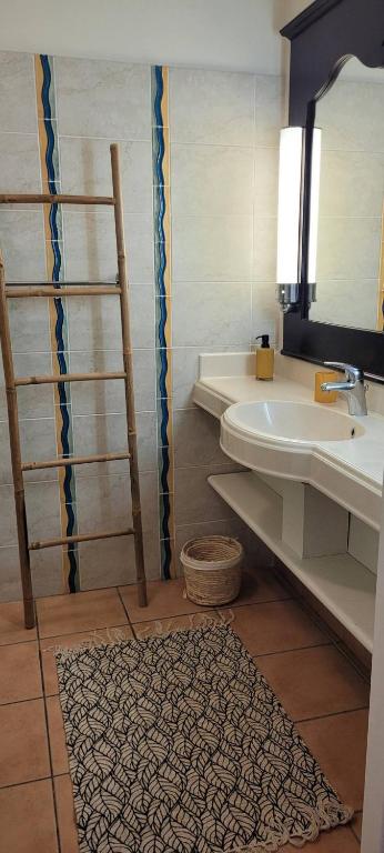 bagno con scala, lavandino e specchio di Studio Sable 2/4 pers face à la mer a Sainte-Anne