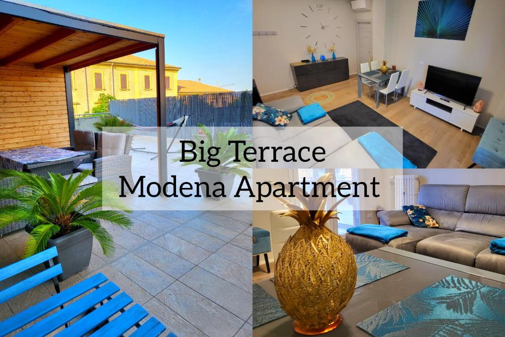 ein Wohnzimmer mit einer großen Terrasse, modernes Apartment in der Unterkunft Big Terrace Modena Apartment in Modena