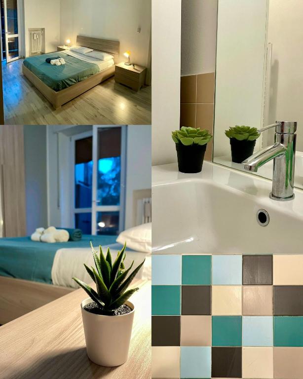 a collage of photos of a bathroom and a bedroom at [Rho Fiera – Milano] Teal Apartment in Cornaredo