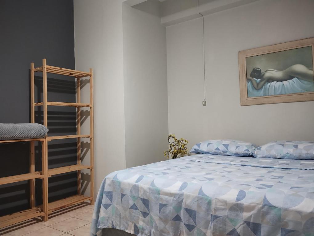 a bedroom with a bed and a painting on the wall at Apto Rua da Praia in Florianópolis