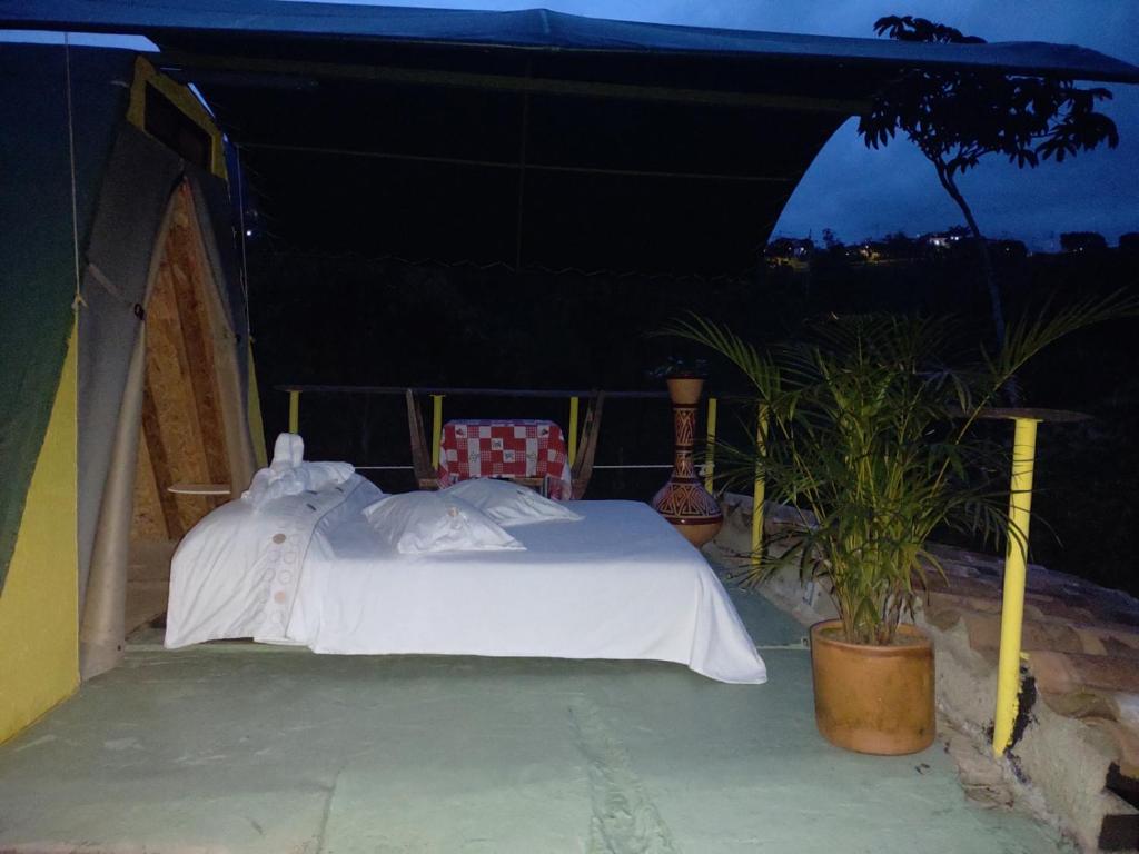 a white bed in a tent with a plant at Hotel Kira in Jericó