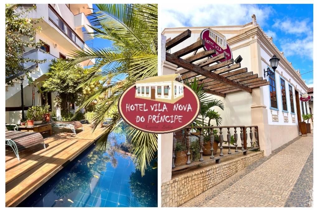 a collage of two pictures of a hotel with a sign at Hotel Vila Nova do Príncipe in Caetité