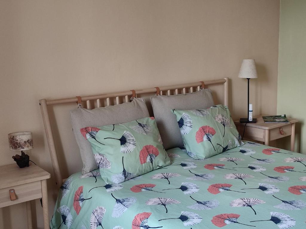 een slaapkamer met een bed met 2 kussens bij Entre Meuse et forêt in Revin