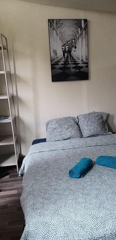 - un lit avec un oreiller bleu dans l'établissement Chambre équipée (proche Paris), à Argenteuil