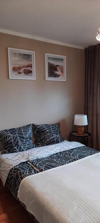 1 dormitorio con 1 cama y 2 cuadros en la pared en Apartament Tarnogórski, en Tarnowskie Góry