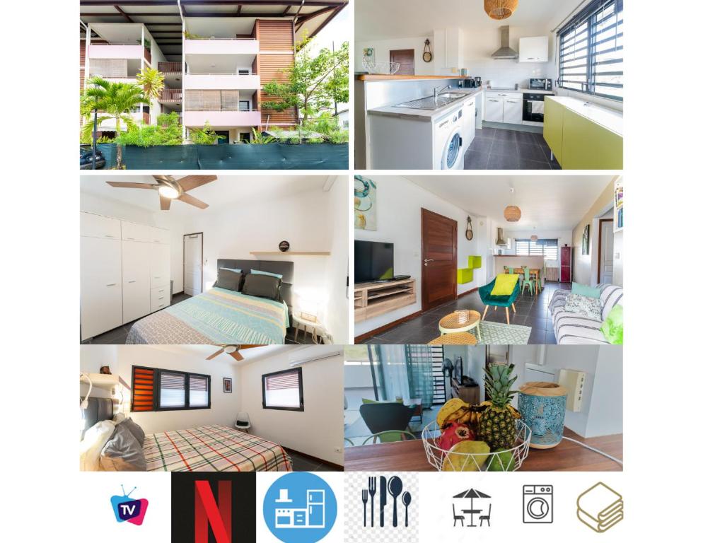 un collage de fotos de una casa en Hibiscus Standing- Appartement 2 chambres Cosy- Cuisine équipée- CLIM- WIFI-NETFLIX, en Cayenne