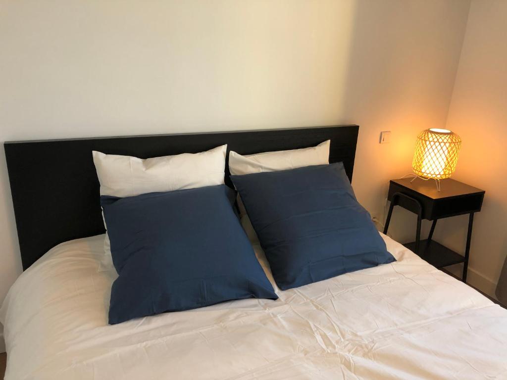 un letto con due cuscini blu sopra di Maison confortable et calme/5 chambres & 6 SdB a Tolosa